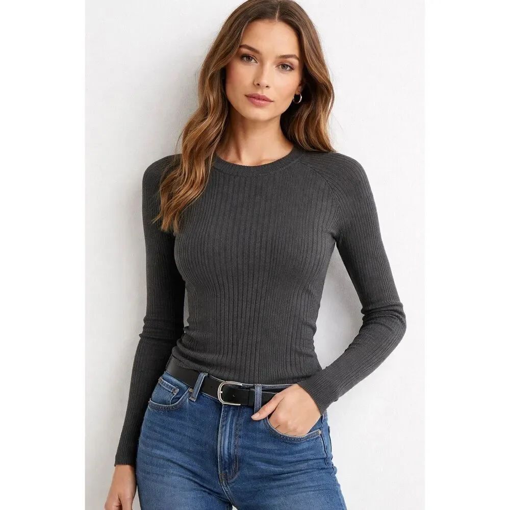 Zara Women’s Gray Knit Ribbed Crewneck Sweater Size M